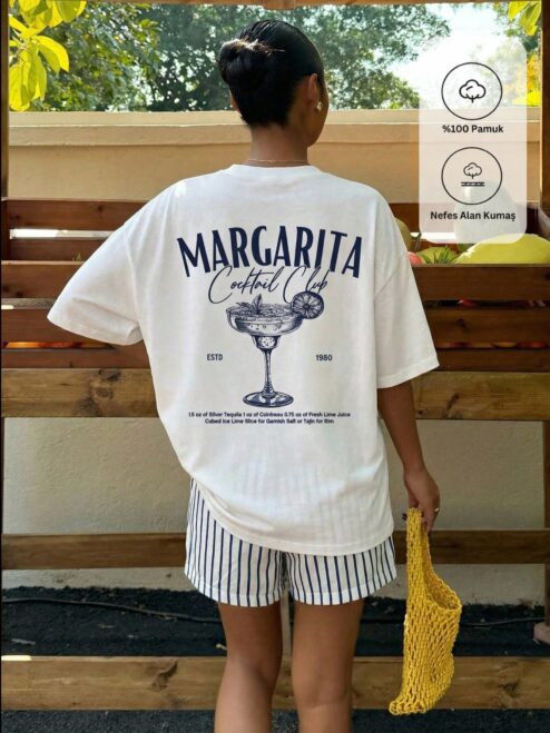 Margarita Cocktail Club Ön ve Sırt Baskılı Beyaz Relaxed Fit Tişört