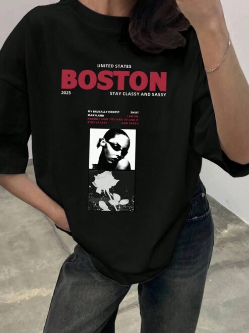 Boston Classy Ön Baskılı Siyah Relaxed Fit Tişört