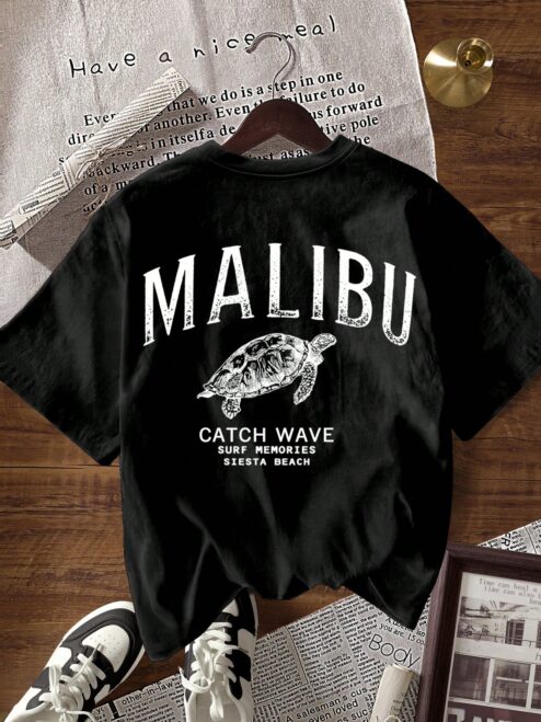 Malibu Catch Wave Ön ve Sırt Baskılı Siyah Relaxed Fit Tişört