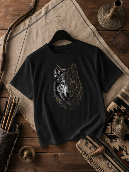 Dual Wolf Ön Baskılı Siyah Relaxed Fit Tişört