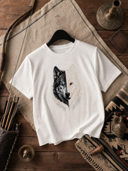 Dual Wolf Ön Baskılı Beyaz Relaxed Fit Tişört