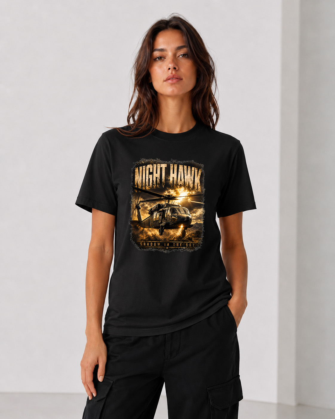 Night Hawk Baskılı Siyah Relaxed Fit Tişört - Görsel 3