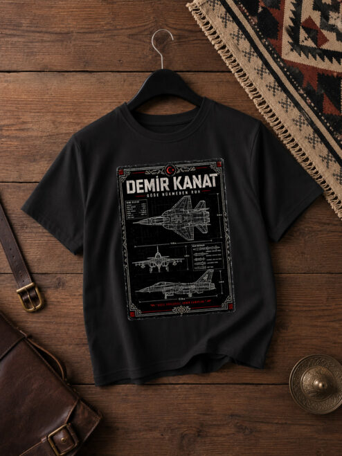 Demir Kanat Blueprint Baskılı Siyah Relaxed Fit Tişört